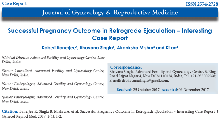 Journal article title: “Successful Pregnancy in Retrograde Ejaculation” by Kaberi Banerjee et al., Journal of Gynecology, 2017.