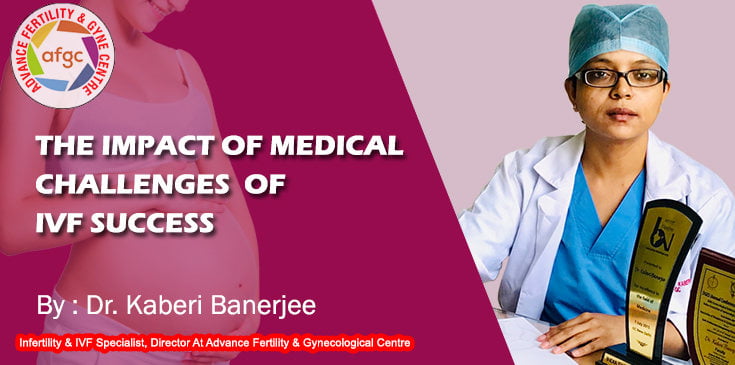 Doctor in blue cap sits beside awards; text reads "Impact of Medical Challenges on IVF Success" with pregnant silhouette.