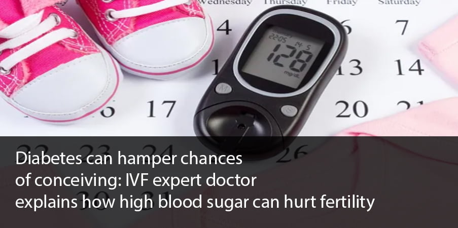 Glucose meter reads 128 mg/dL on calendar beside pink baby shoes; overlay says high sugar affects fertility and IVF success.
