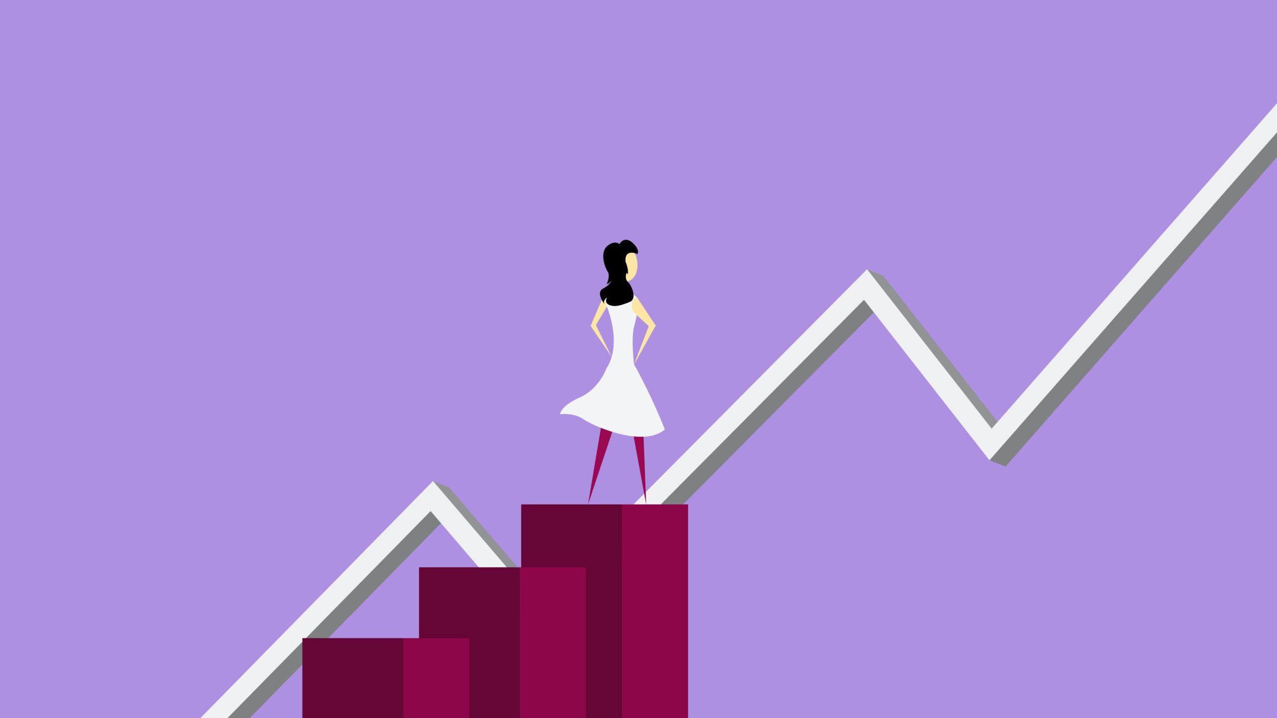 Woman stands on red steps, facing a rising zigzag line against purple, symbolizing growth and progress.