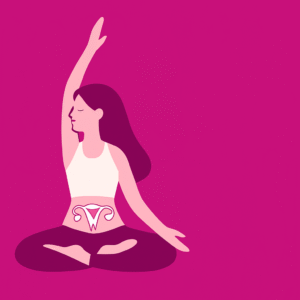 A woman sits in a lotus yoga pose against a magenta background, wearing a white top and magenta leggings, with a white reproductive system symbol on her abdomen.